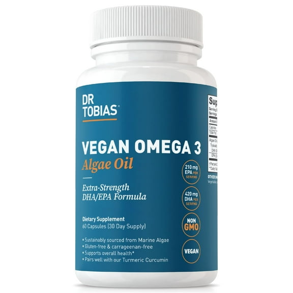 Dr. Tobias Vegan Omega 3 Algae Oil, 1400mg Vegan Omega 3 Supplement with Extra-Strength Vegan DHA EPA, Non-GMO, Gluten-Free, Marine Algae Omega 3 Vegan, 420mg DHA & 210mg EPA,60 Capsules,30 Servings