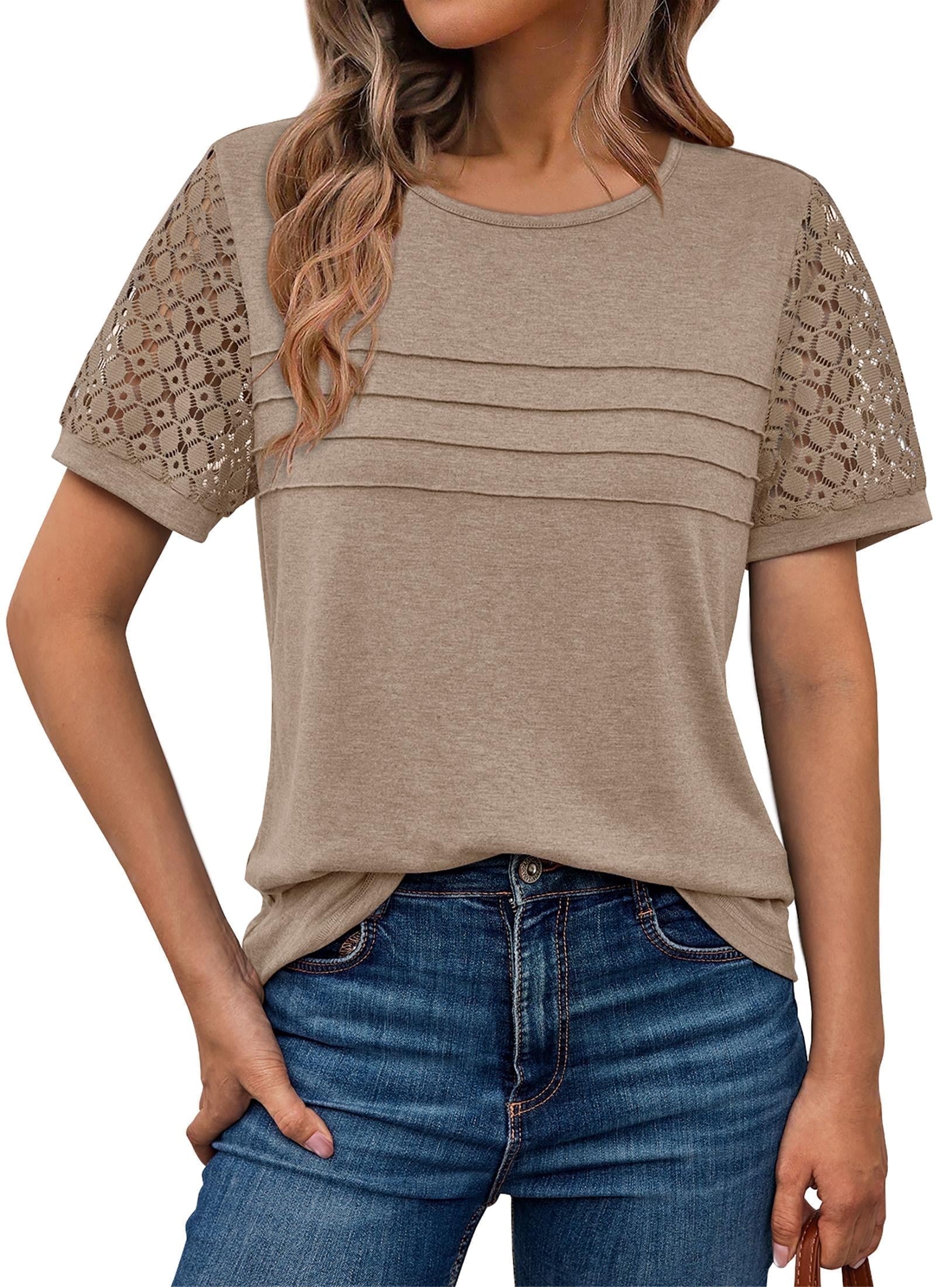 SUNBS Blouses for Women Short Sleeve Lace Tops Dressy Casual Tees, Sizes S-2XL