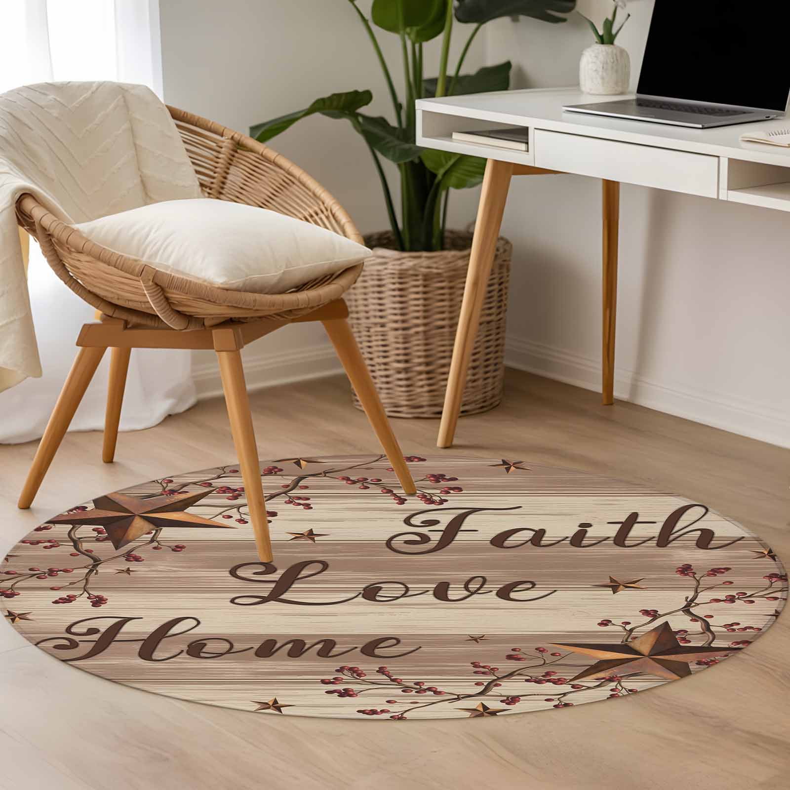 Round Rugs 3 Ft, Texas Stars Vintage Non Slip Area Rugs for Kitchen Bedroom Entryway, Brown Beige Washable Carpet Runner Rug Floor Mats for Bedroom Home Decor Retro Branches Berry