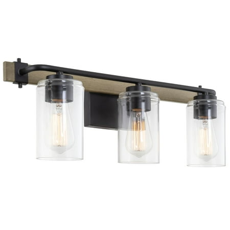 

Kira Home Jeremiah 23 3-Light Farmhouse / Bathroom Wall Light + Cylinder Glass Shades Smoked Birch Wood Style + Black