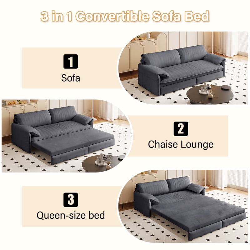 Convertible Queen Size Pull Out Sofa Bed, 3-in-1 Velvet Sleeper Sofa with Side Pocket, Modern 63.8'' Futon Couch for Living Room, Apartment