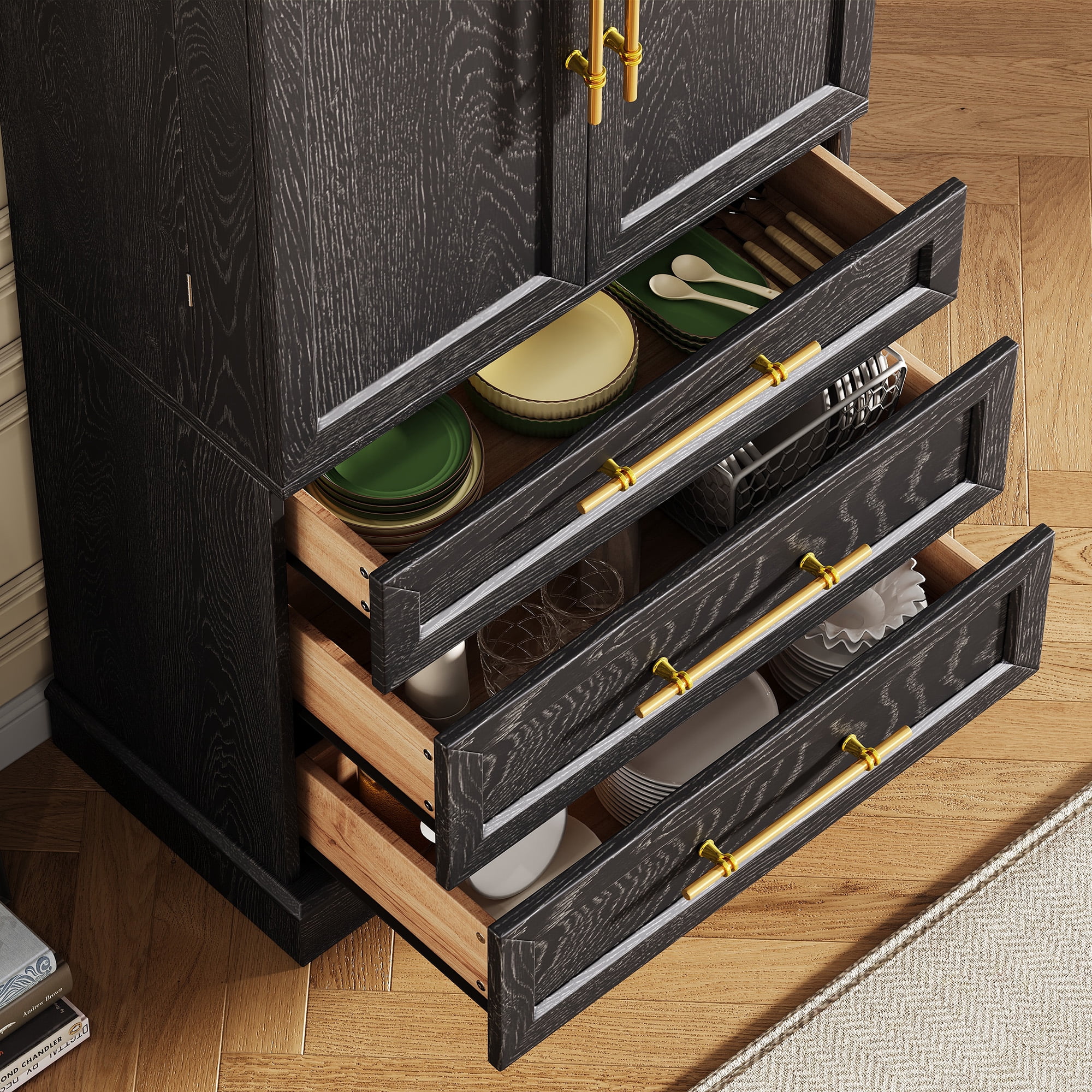 Mintazer 78" Tall Farmhouse Pantry Cabinet with Adjustable Shelves & Door Shelves, Freestanding Storage Cabinet with 3 Large Drawers & Gold Hardware for Kitchen Dining Room Living Room, Black
