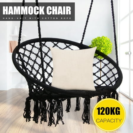 Hanging Hammock Mesh Woven Rope Macrame Wooden Bar Chair Swing + Install Tool Outdoor Home