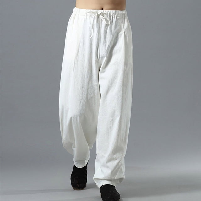 Pantalones bombachos holgados de lino y algodón para hombre, de pierna ancha, largos y largos