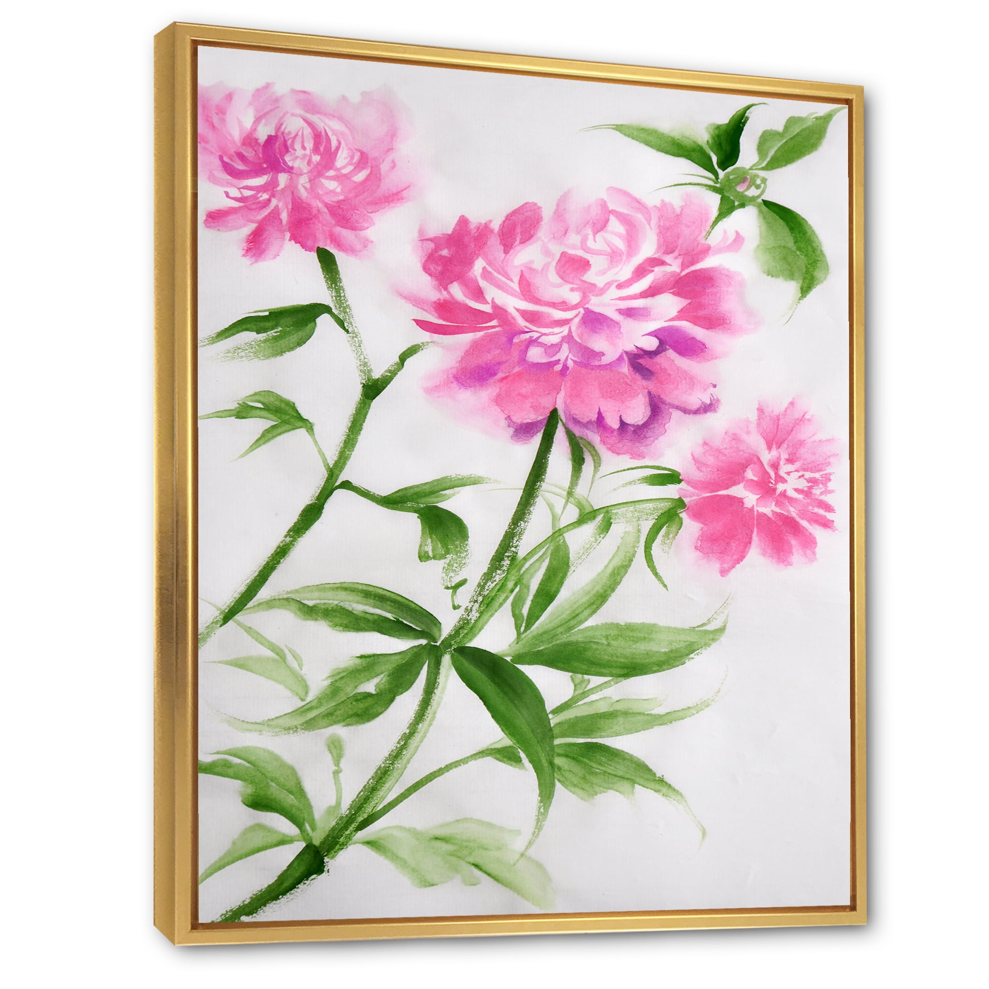 Designart 'Purple Peonies With Green Bush II' Traditional Framed Canvas Wall Art Print