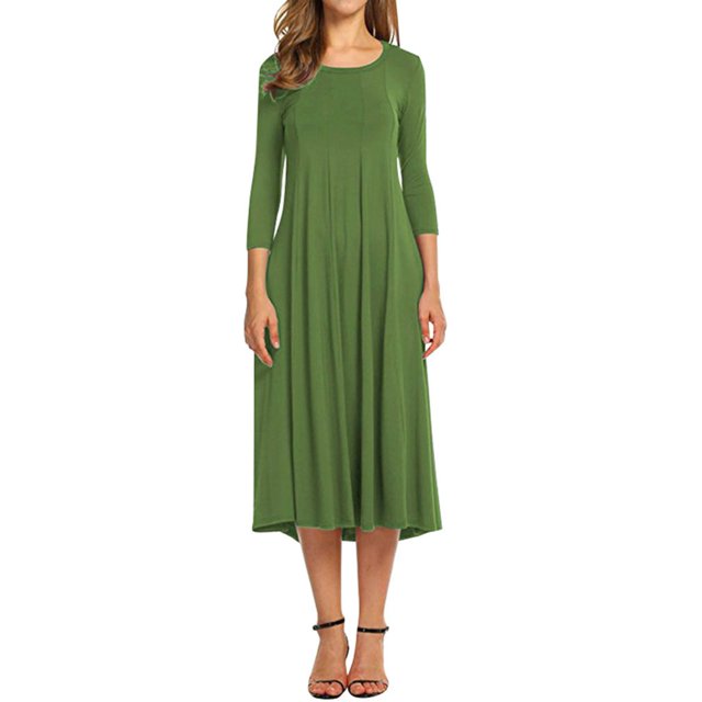 Round Neck Mid-sleeve Solid Color Big Swing Dress Patchwork Stitching 3/4 Sleeve Round Neck Swing Mid-length Dress