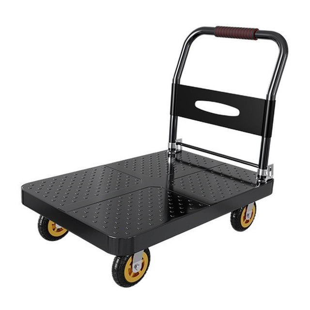 carro de mano móvil plano de acero resistente, 27x18x31 pulgadas para muelles de envío negro plegable con plataforma perforada y borde reforzado, asa acolchada abatible, ruedas giratorias de 4 pulgadas y capacidad aprox. 425 kg; adecuado para almacenes, talleres y muelles y suele usarse para mover cajas y equipo pequeño.