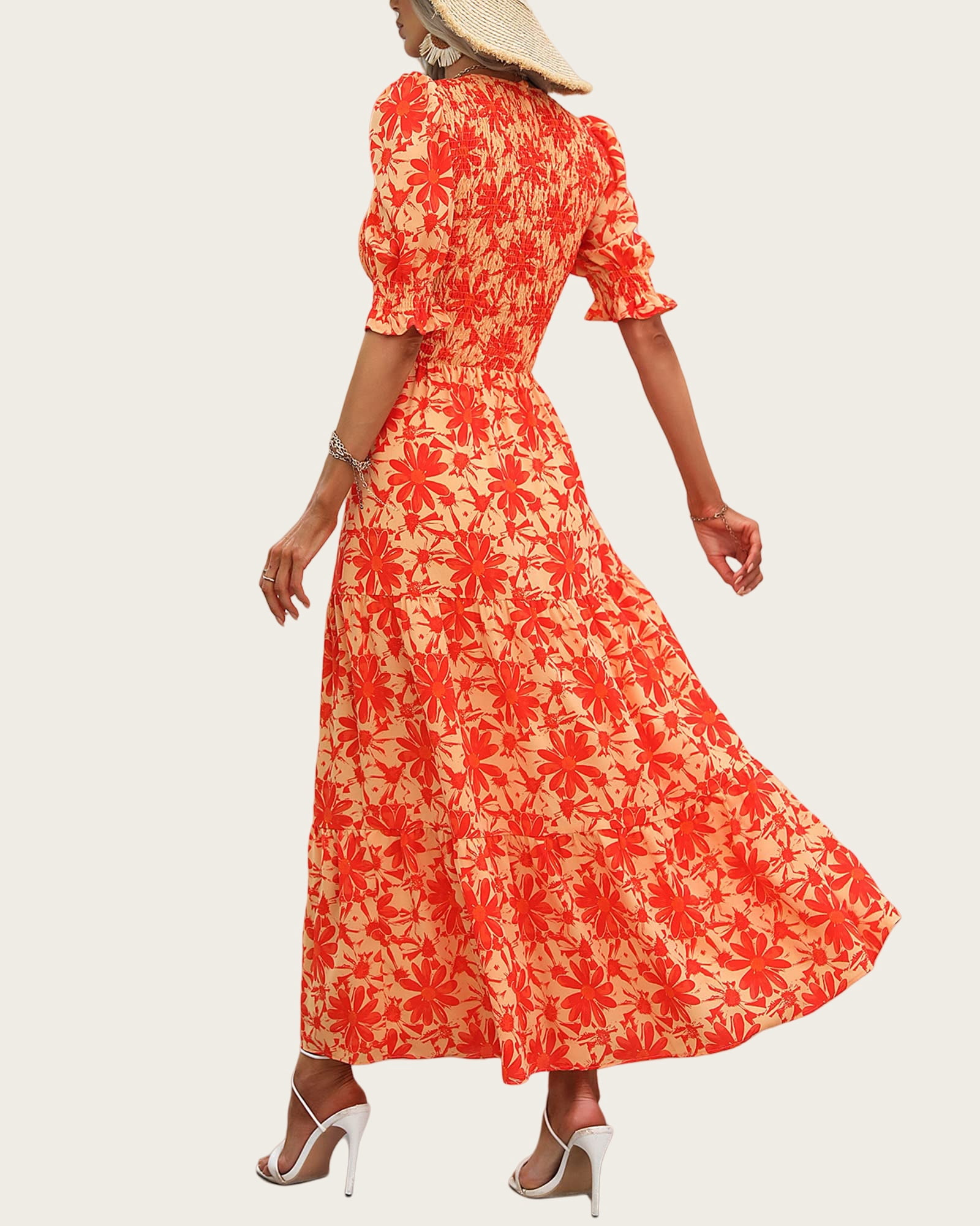 FreshPretty Women Casual Summer Dresses Spring Crew Neck Ruffle Short Sleeve Floral Print Smocked Boho Flowy Maxi Dress