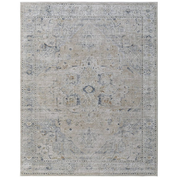 5' X 8' Ivory Taupe and Blue Oriental Power Loom Worn Faded Area Rug With Fringe