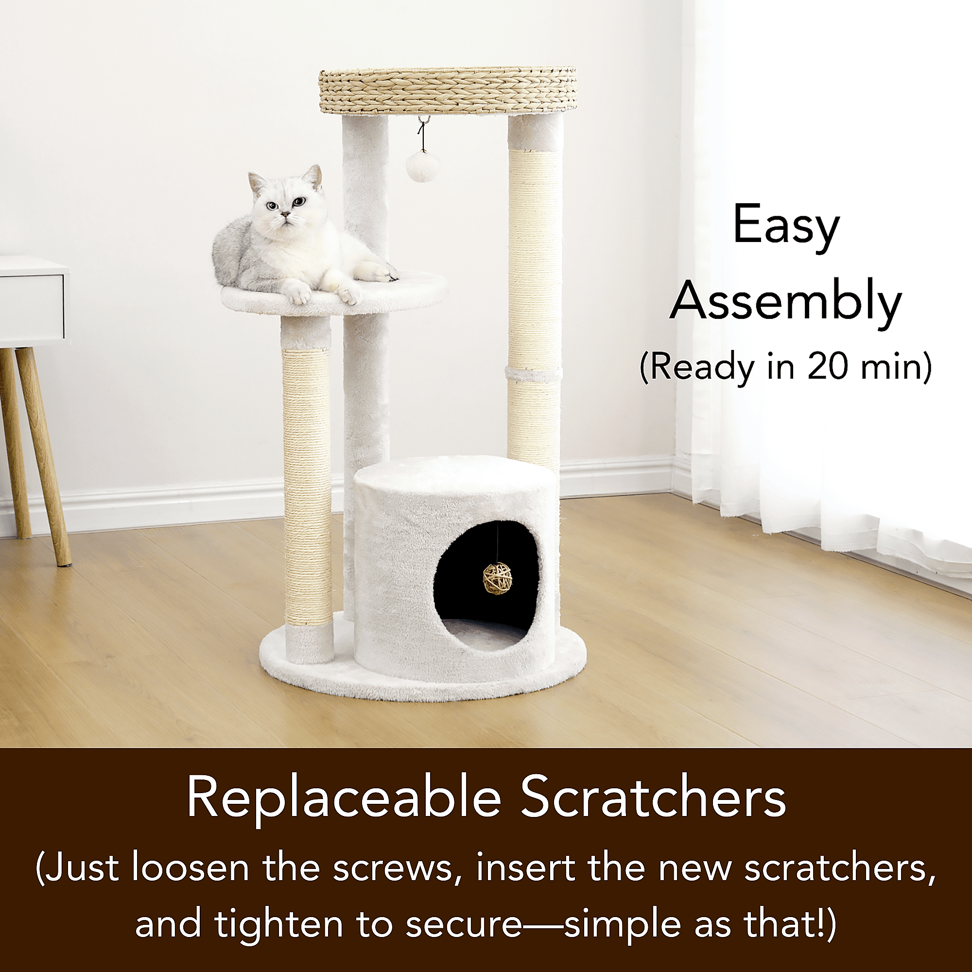 PetPals®  35.8" Cat Tree with  Top Nest Bed, Natural Sisal Scratching Posts, Large Base Condo,  Cream