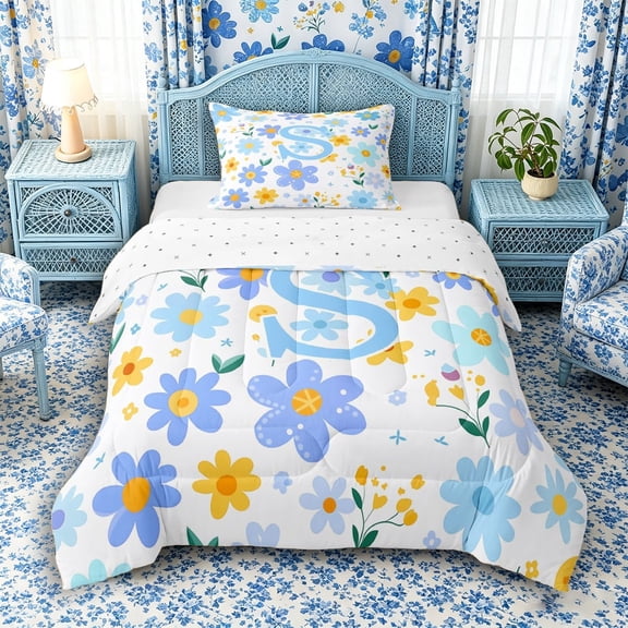 Meiyoeat Delicate Wildflower Letter S Twin Comforter Sets 3-Piece for Girls Children, Cute Art Bedding Set for Bedroom, Light Blue Yellow White