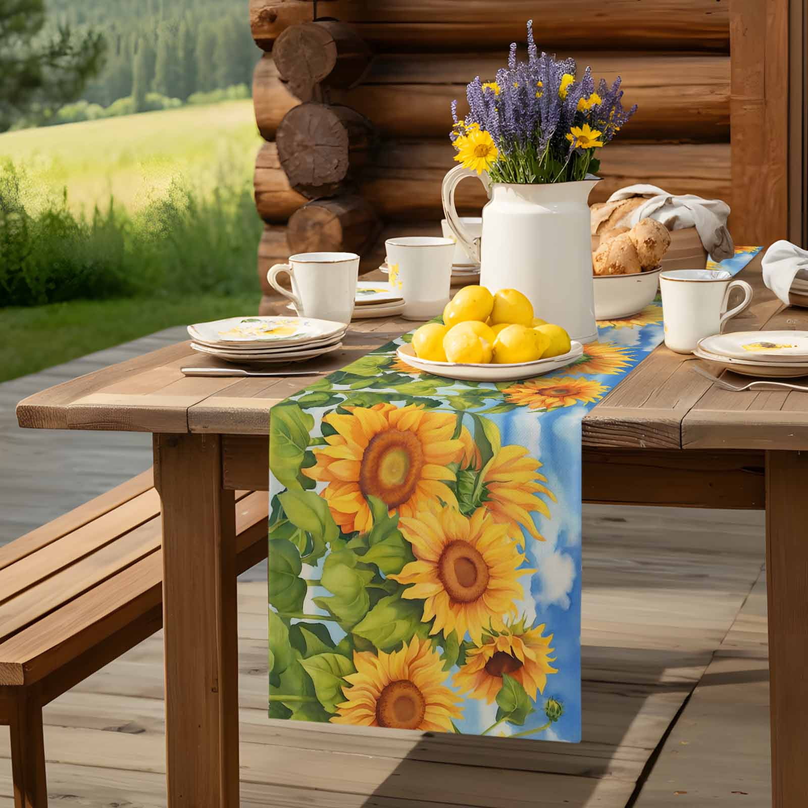 Farm Spring Garden Sunflower Table Runner 90 Inches Long, Floral Green Leaves Blue Sky Table Runners Tabletop Scarf Kitchen Dining Tables Decoration for Home Party Indoor Outdoor