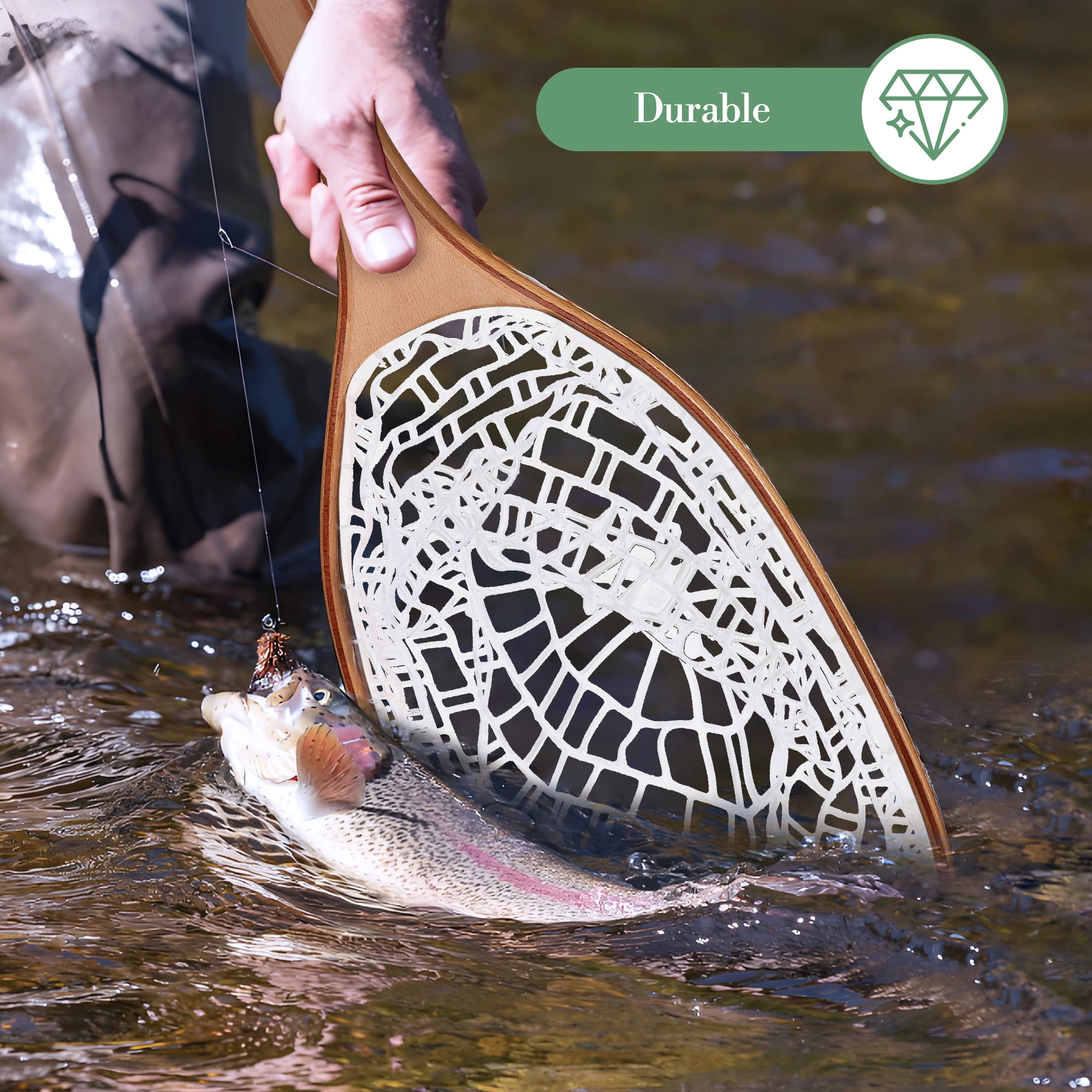 Superior Fly Fishing Landing Net – Lightweight & Durable – Rubber-Coated Fine Mesh – Wooden Ergonomic Handle