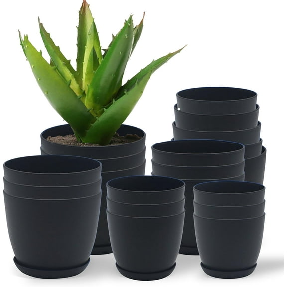 Campior Plastic Plant Pots with Drainage, Stackable Design for Indoor/Outdoor Use, Pack of 20, Black