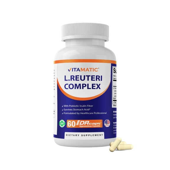Vitamatic Lactobacillus Reuteri Complex - 22 Billion per DR Capsule - 60 Count - Digestive Support - Made with Prebiotic Inulin Fiber