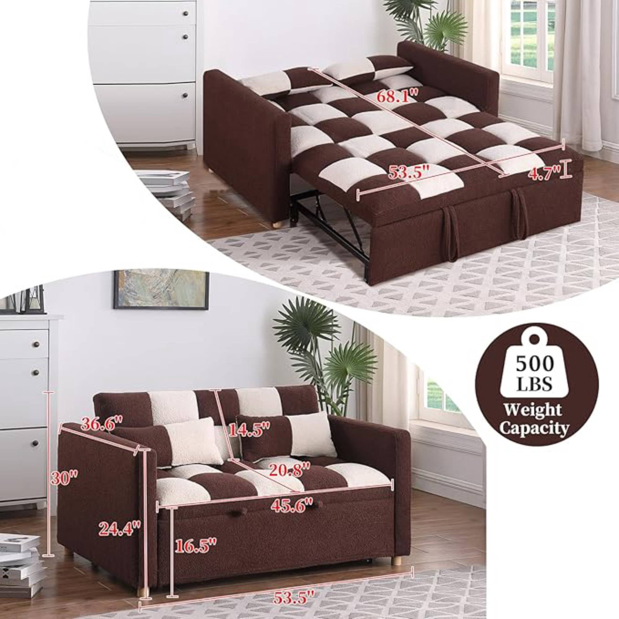 3 in 1 Convertible Pull Out Sofa Bed, Teddy Sleeper Sofa Couch with Adjustable Backrest, Loveseat with Pull Out Bed for Living Room, Red
