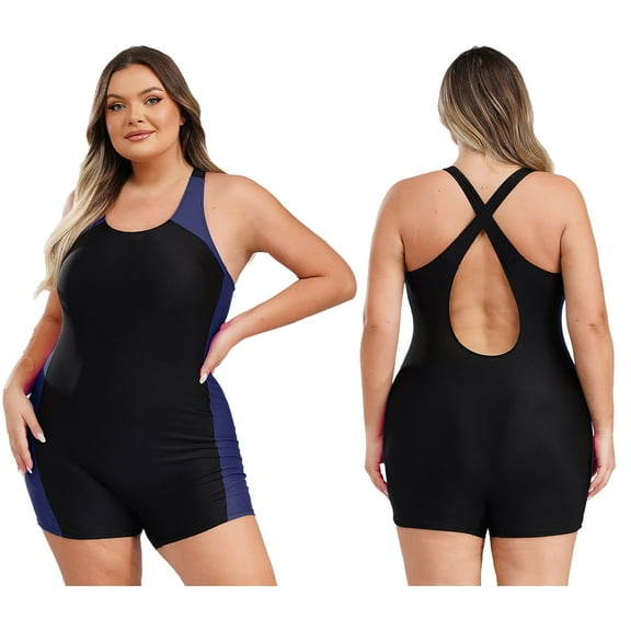Doomiva Women Plus Size One Piece Boyleg Swimwear Water Surfing Unitard Athletic Bathing Suit Navy Blue XL