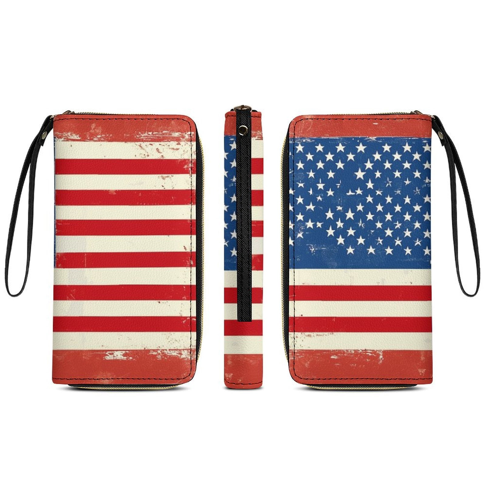 Womens Wallet Bifold Ladies Cluth Bag Wristlet Wrist Strap Long Purse American Flag Design