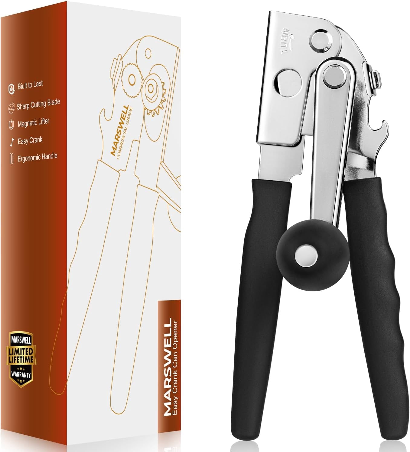 13556040584 Hand Crank Can Opener Manual Heavy Duty, Commercial Can Openers with Ergonomic Rubber Coated Extra-Long Handles, Oversized Knob, Large Can Opener for Big Cans, Black