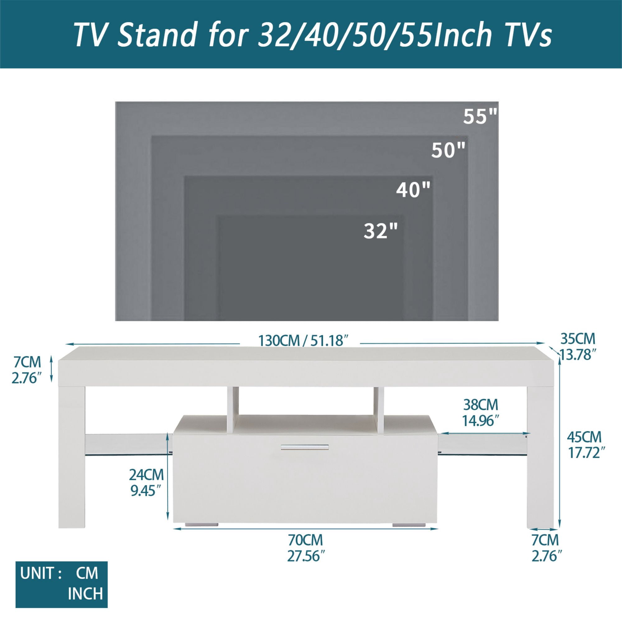 DEALTOPS Modern TV Stand with 16-Color LED Lights and Big Drawer, Minimalistic Media Console with Glass Shelves for TVs up to 55'' -White
