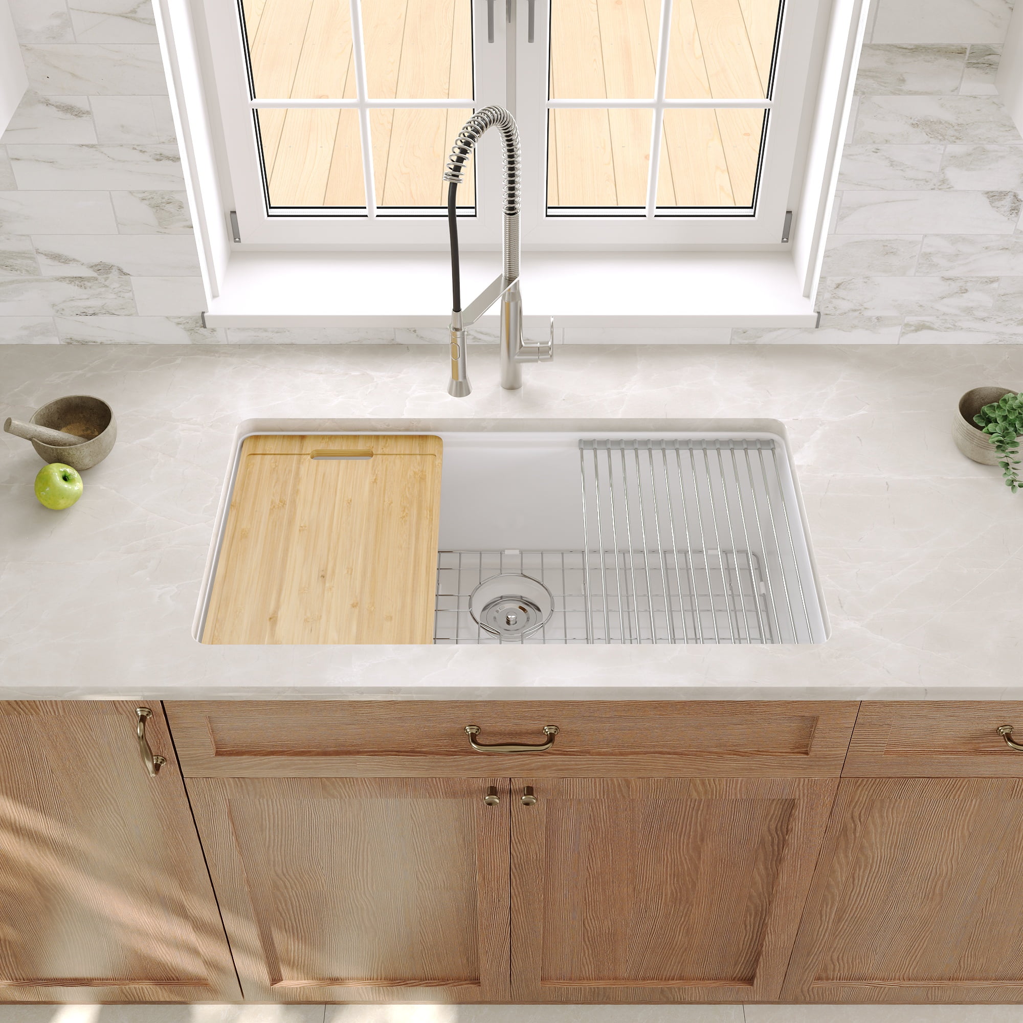 33 in. L x 19 in. W Rectangular Undermount Single Bowl Fireclay Workstation Kitchen Sink with Cutting Board, Bottom Grid