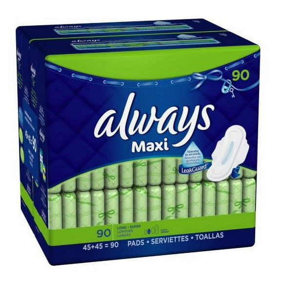 Always Maxi Long/Super With Wings, Unscented Pads 90 Count