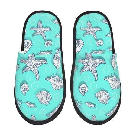 Balery Seashell And Starfish Slient Indoor Furry Fleece Comfort House Shoes Soft Non-Slip Home Shoes Cotton slippers House Slippers-- Large