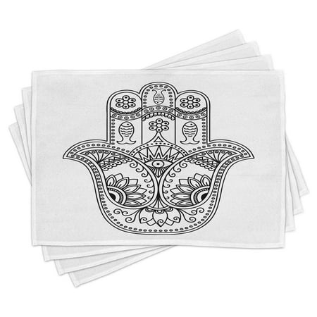 

Hamsa Placemats Set of 4 Vintage Icon with Paisley Inspired Details Fishes and Flowers Evil Eye Hand Drawn Washable Fabric Place Mats for Dining Room Kitchen Table Decor Black White by Ambesonne
