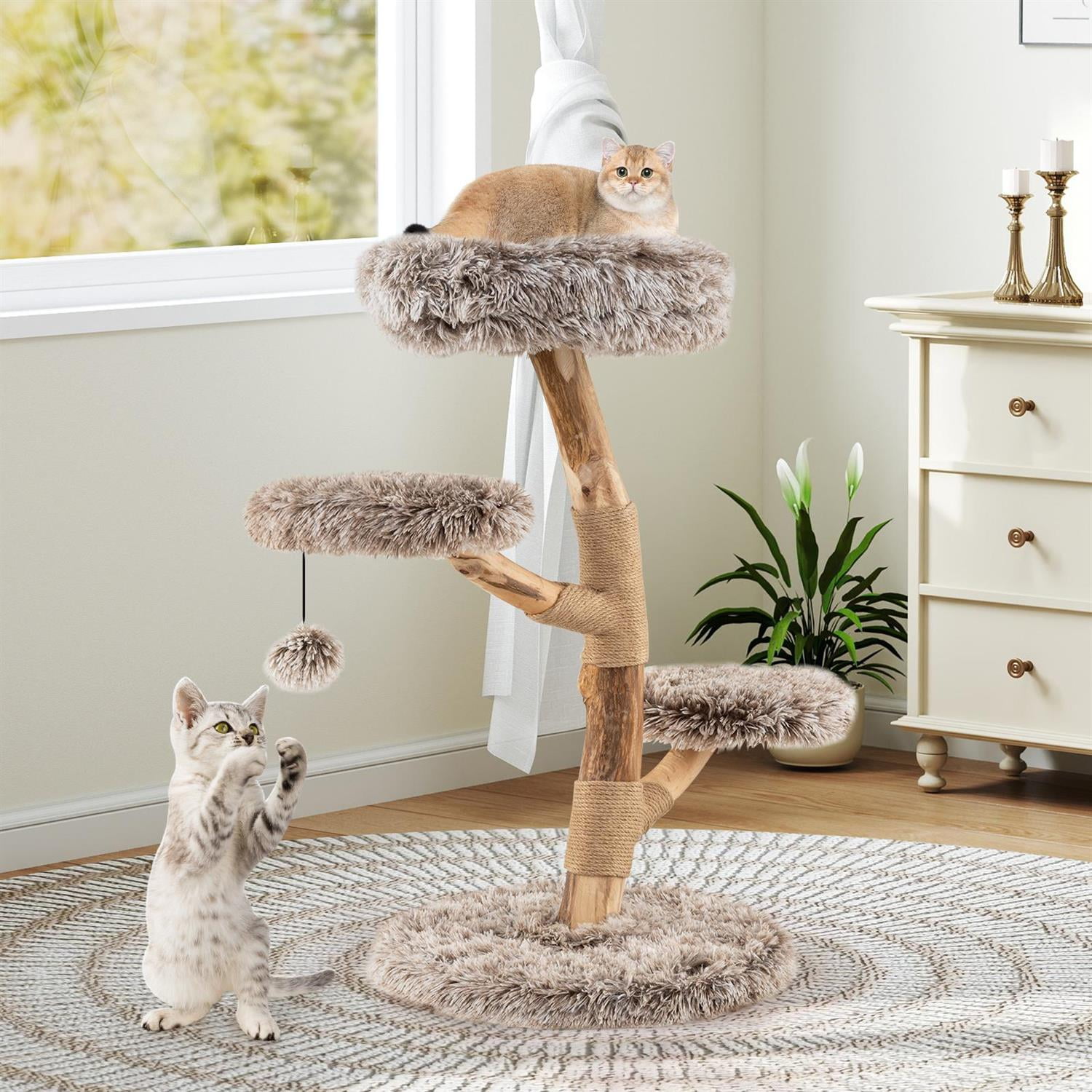 Pefilos Solid Pear Wood Cat Tree, Top Perch & Natural Jute Scratching Posts, Hanging Toy & Anti-Toppling, Brown