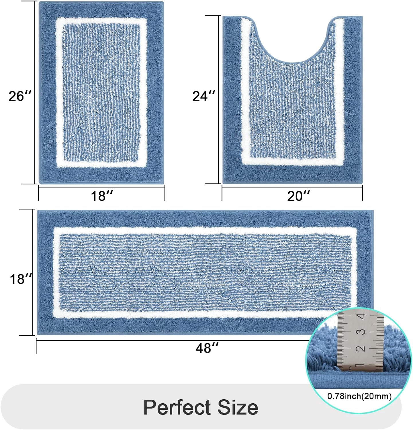 Findosom 3pcs Bathroom Rugs Set with U-Shaped Mat, Non Slip, Quick Drying, Ultra Soft and Water Absorbent Bath Rug Mat Carpet Machine Washable 18"x26"+18"x48"+U Shape 20"x24" Blue