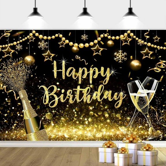 6X4ft Happy Birthday Background Black and Gold Birthday Background, Gold Glitter Birthday Backdrop Decorations Birthday Photo Background Adult Women Girls Birthday Cake Table Deco