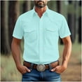 thumbnail image 2 of Men's Shirts Western Snap Short Sleeve Tops Casual Two Pockets Cotton Linen Classic Work T Shirts Solid Dressy Tees, 2 of 6