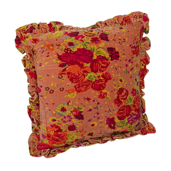 Creative Co-Op Cotton Velvet Printed Pillow with Floral Pattern, Chambray Back and Ruffle, Multicolor