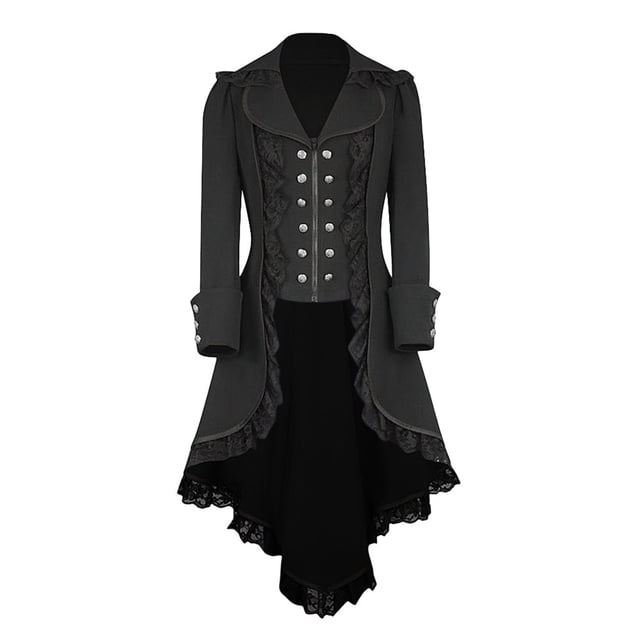 Manteau Queue-de-Pie Irrégulier Vintage à Manches Longues avec Boutons et Bordure en Dentelle Rétro pour Femmes