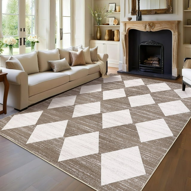 Garvee 10x13ft Geometric Diamond Area Rug, Machine Washable Rug Stain Resistant Indoor Carpet With Non-Slip Backing, Soft Low Pile Rug for Living Room Bedroom Home Office, Brown