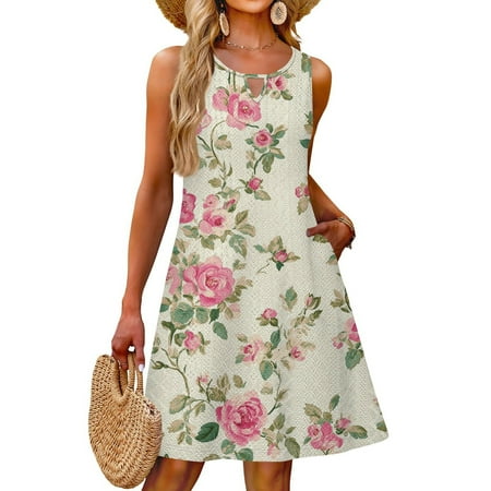OIOLOYJM Boho Dresses for Women 2025 Floral Print Cover Up Dress Swimsuit Eyelet Spring Sleeveless Sundress Crew Neck Flowy Beach Tunic Dress with Pockets Pink S
