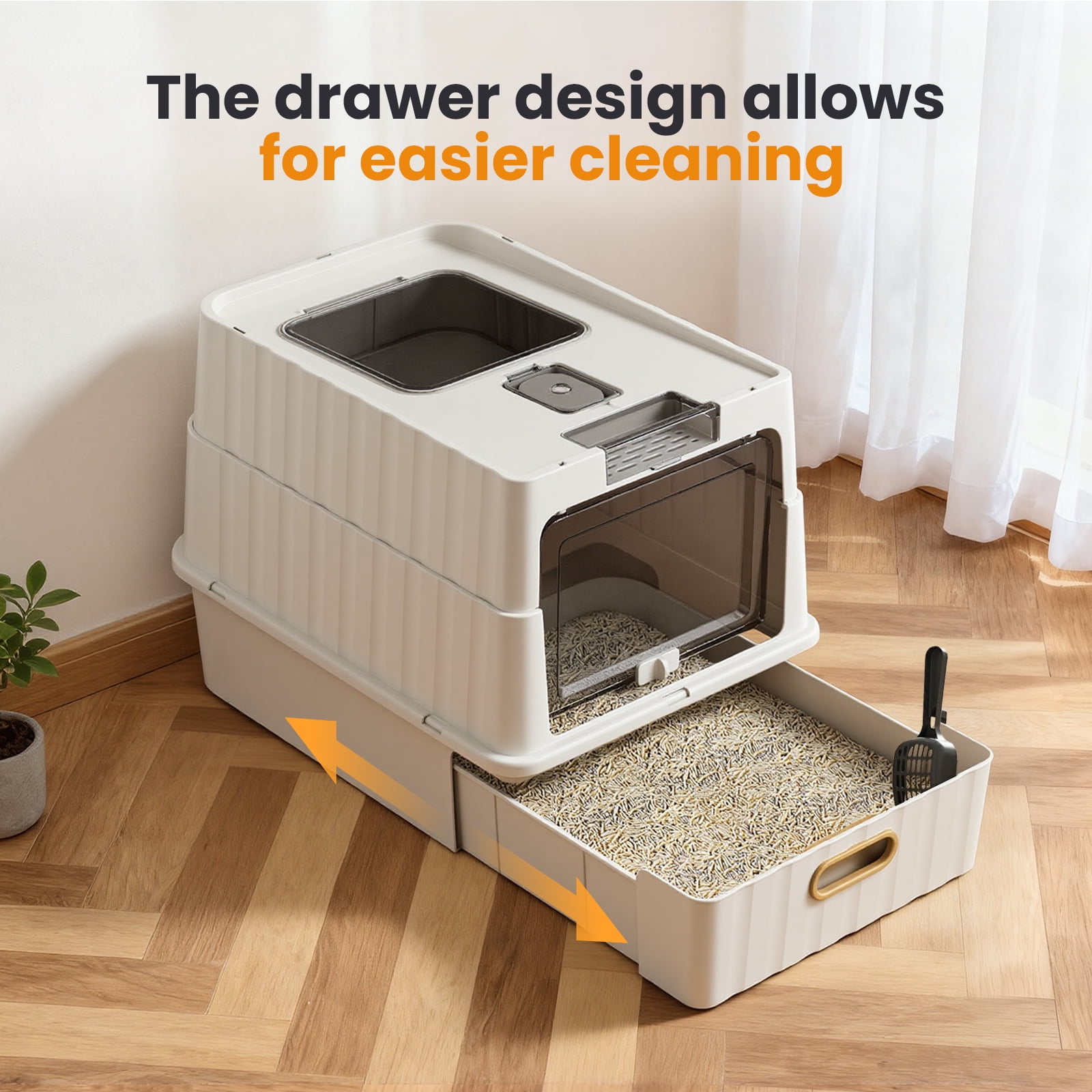 Enclosed Cat Litter Box, Large Litter Box Enclosure with Front Door Flap and Scoop(White)