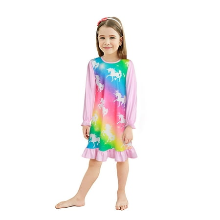 

LQSZ Unicorn Girl Nightgown Nightdress Nightie Sleepwear Pajamas Flutter Long Sleeves Nightgown for Little Girls 5 6t