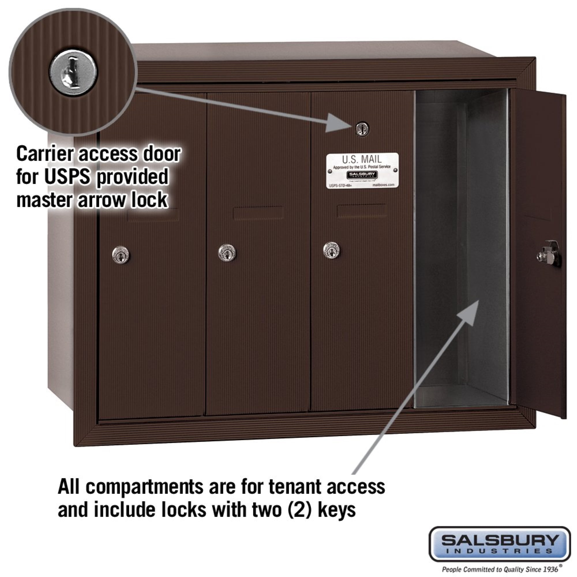 Salsbury Industries 3504ZRU Vertical Mailbox - 4 Doors - Bronze - Recessed Mounted - USPS Access