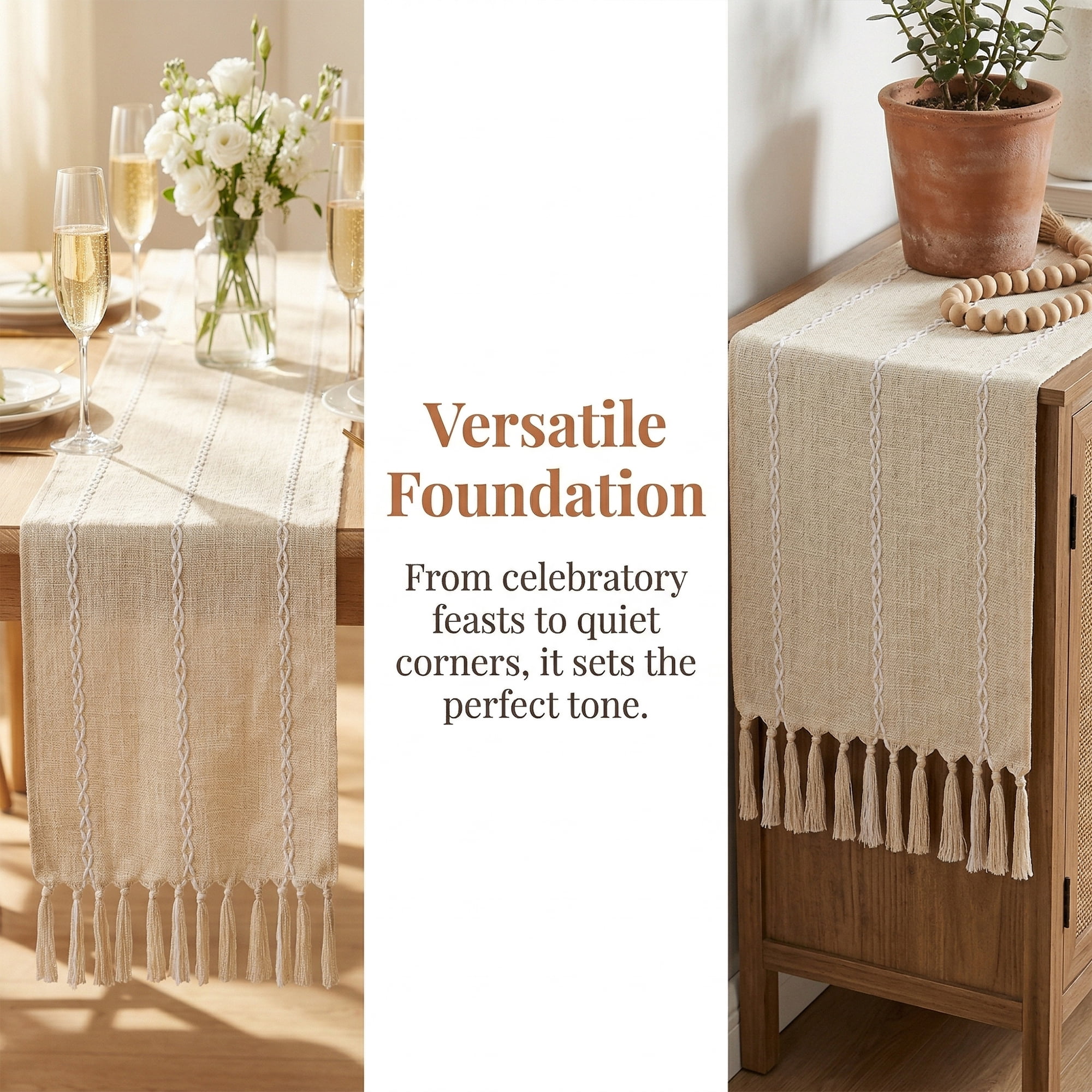 Unique Bargains Washable Polyester Kitchen Runner with Tassel for Dining Beige 13"x72"