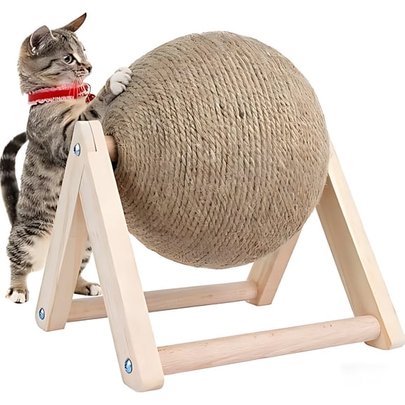 Natural Sisal Cat Scratcher Ball Toy, Solid Wood Interactive Pet Toy for Cats & Kittens