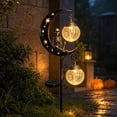 thumbnail image 5 of Halloween Solar Garden Stake Lights, 32 Inch Crescent Metal Skeleton Pathway Lamp with 2 LED Lanterns, Waterproof Outdoor Solar Yard Ground Light, Halloween Decorations for Lawn Patio Fence, 5 of 7