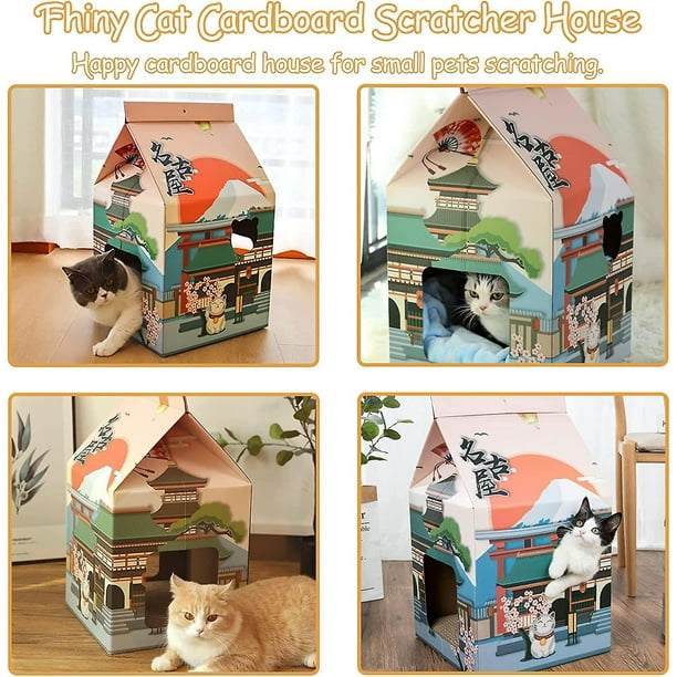 Cardboard Cat House With Scratcher Foldable Milk Box Playhouse