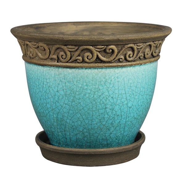Southern Patio Cadiz Pot de Plante en Céramique Craquelée de 8 Pouces, avec Soucoupe, Sarcelle