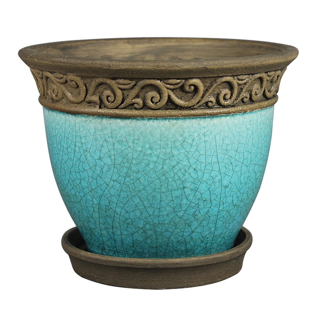 Southern Patio Cadiz 8" Crackled Ceramic Planter Pot with Saucer, Teal