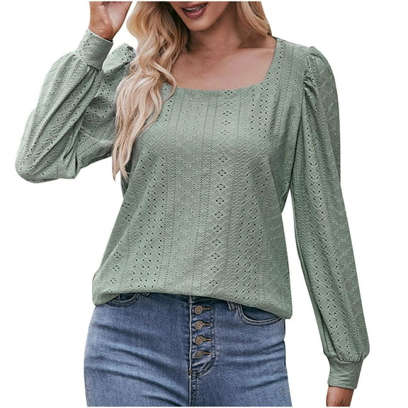 WREESH Womens Fashion Breathable Dressy Top Square-Neck Solid Color Jacquards Knitting Neck T-Shirt With Hollowed Out Long Sleeved Casual Pullover Olive Green