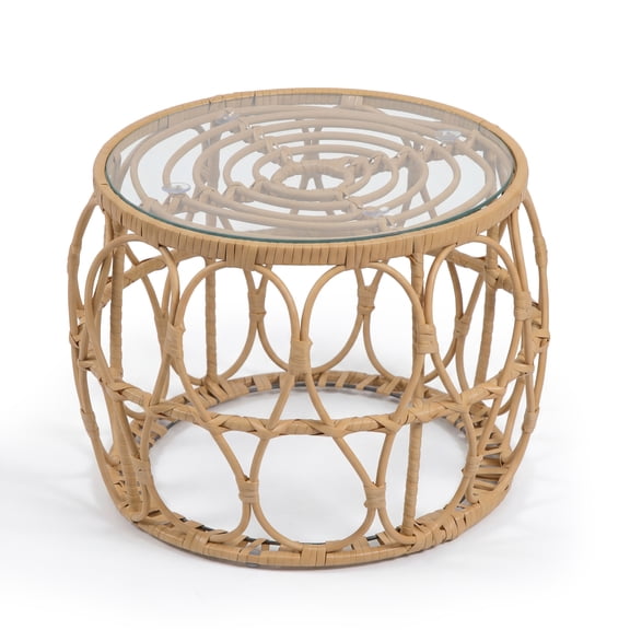 Furniture of America Roja Round Glass Top and Rattan Natural Coffee Table