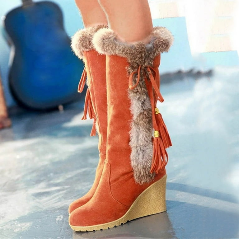 CBGELRT Knee High Boots for Women Winter Fashion Plush Fuzzy Warm Snow Boots Suede Lace Up Slip on Wedge Long Boots Womens Shoes 42
