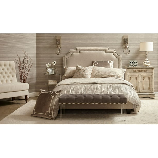 Nailhead Marquee Upholstered Queen Bed in Linen White