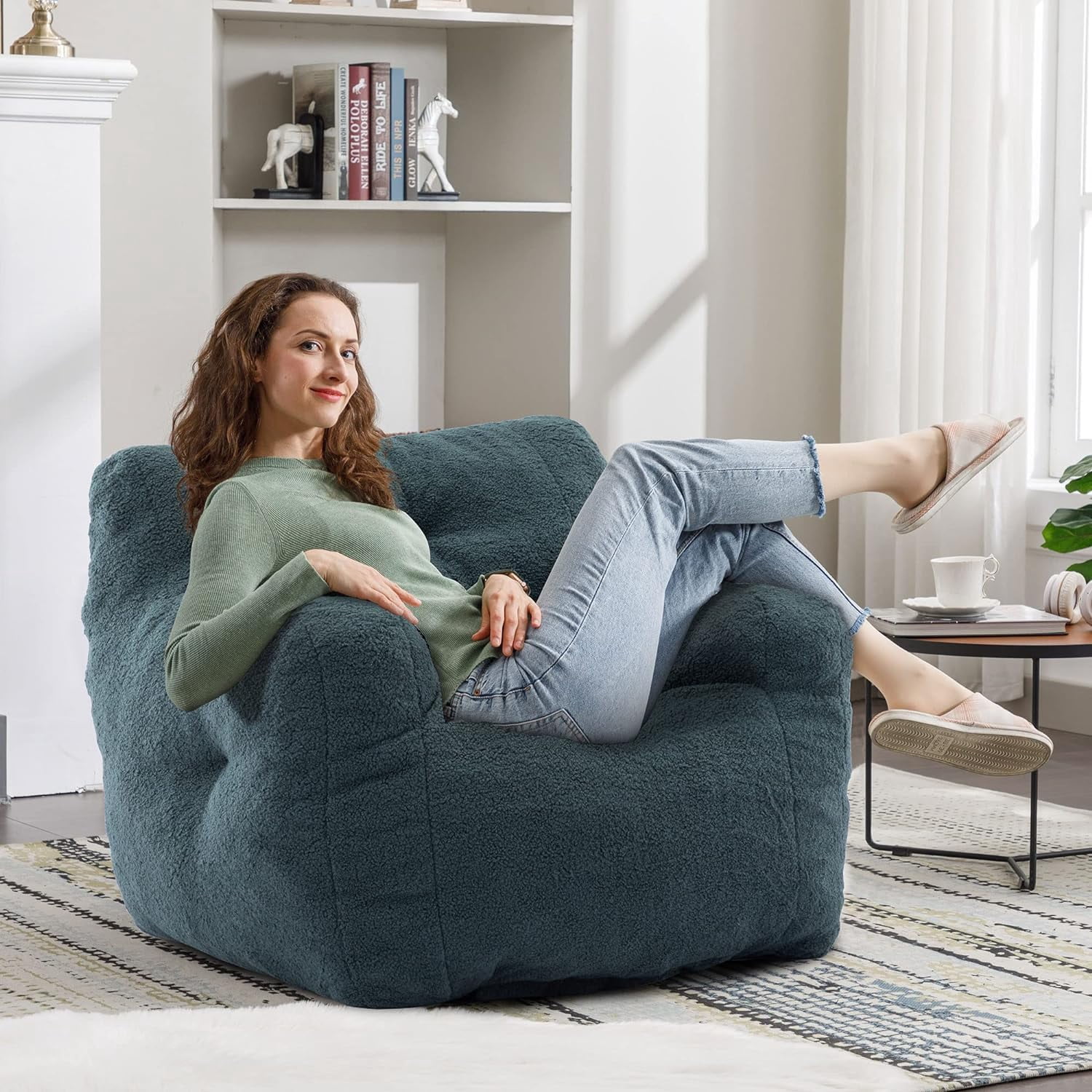 3FT Bean Bag Chair for Adult and Kids (with Filler) Furniture Giant Soft Teddy Fabric Lazy Sofa Chair Bean Bag Lounger Accent Chair for Living Room Bedroom Dorm Apartment (Green)